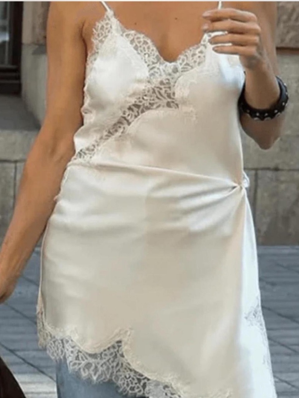 Zara Ivory Lace-Trim Satin Slip Dress